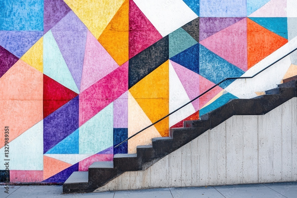 Poster Colorful vector illustration of abstract geometric shapes with vibrant colors creating a lively mural design on a wall