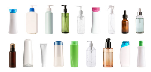 Bottle of liquid soap with shower gel and cosmetic serum  dropper isolated on white background. 