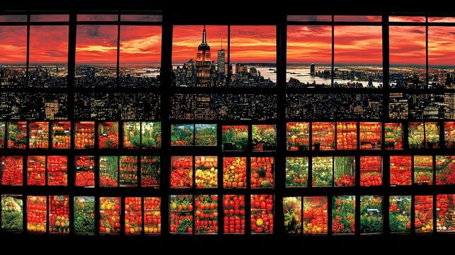 Fototapeta NYC skyline at sunset seen through flower shop window display