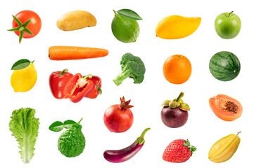 Fruits and vegetables collection isolated on white background.