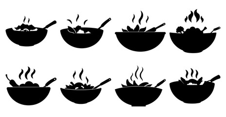 Collection of simple black silhouettes of bowls with food, ideal for restaurant menus, cooking blogs, or food related designs.