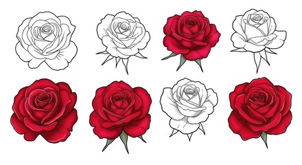 Obraz premium This collection highlights various rose illustrations, featuring vibrant red and white blooms, from detailed designs to customizable outlines, perfect for floral themes.