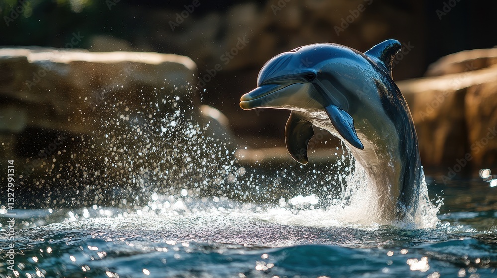 Poster dolphin jumps out of ocean waves under cloudy sky in a dynamic display of nature's beauty