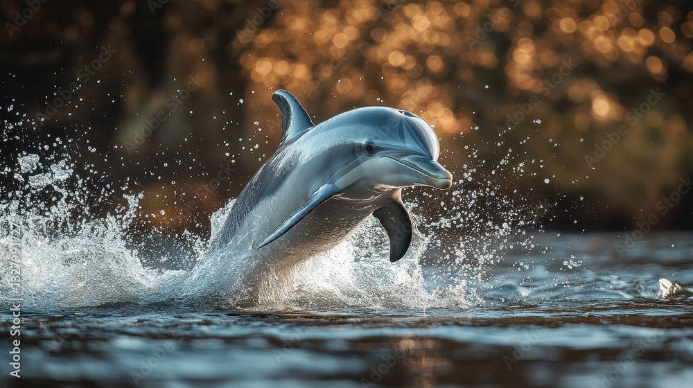 Poster dolphin jumps out of ocean waves under cloudy sky in a dynamic display of nature's beauty