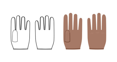 Shortie Gloves Mocha Mousse cartoon and sketch outline Fashion hand accessory clothing technical illustration garment. Vector front palm back view for Men, women, unisex style flat template CAD mockup