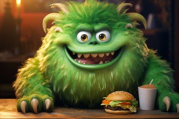 Whimsical monster enjoying burger in children's story. Chubby person And hamburger. Burger day. Character for children's book, comic book, video game.