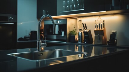 Modern kitchen at night featuring sleek design and stylish lighting with focus on sink and countertop details