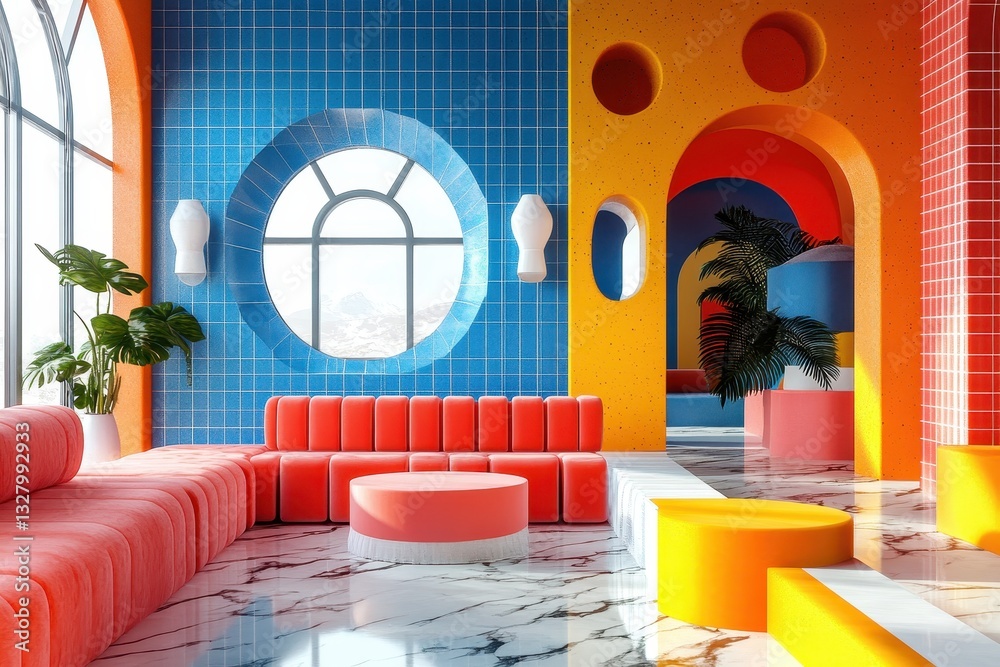 Fototapete bright and abstract vector illustration of an artistic interior space with colorful geometric shapes