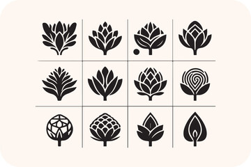 Seamless vector pattern of black and white trees and flowers with nature elements like leaves, plants, and vintage symbols