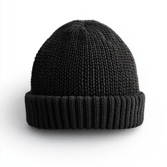 A black knitted beanie, placed on a pure white background