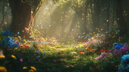 Vibrant wildflowers blooming in a serene forest glade during the early morning light