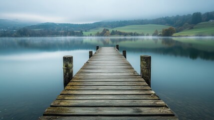 Obraz premium Weathered Dock on Serene Water with Lush Hills in Misty Landscape 