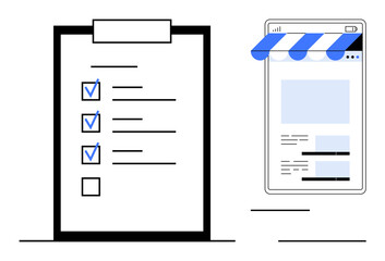 Task checklist with completed items next to a smartphone displaying an online store webpage. Ideal for productivity, organization, e-commerce, task management, online business, planning, digital