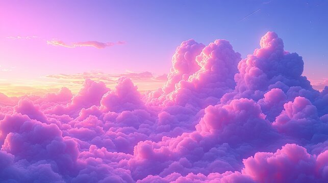 Clouds blanket scenic sunset above. Sky fades pink, purple, and blue in expansive horizon background