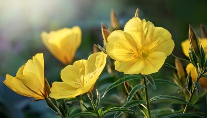 Evening primrose - Oenothera biennis yellow flowers in the herb garden- 77728