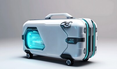 Futuristic travel luggage with wheels and a glowing blue display