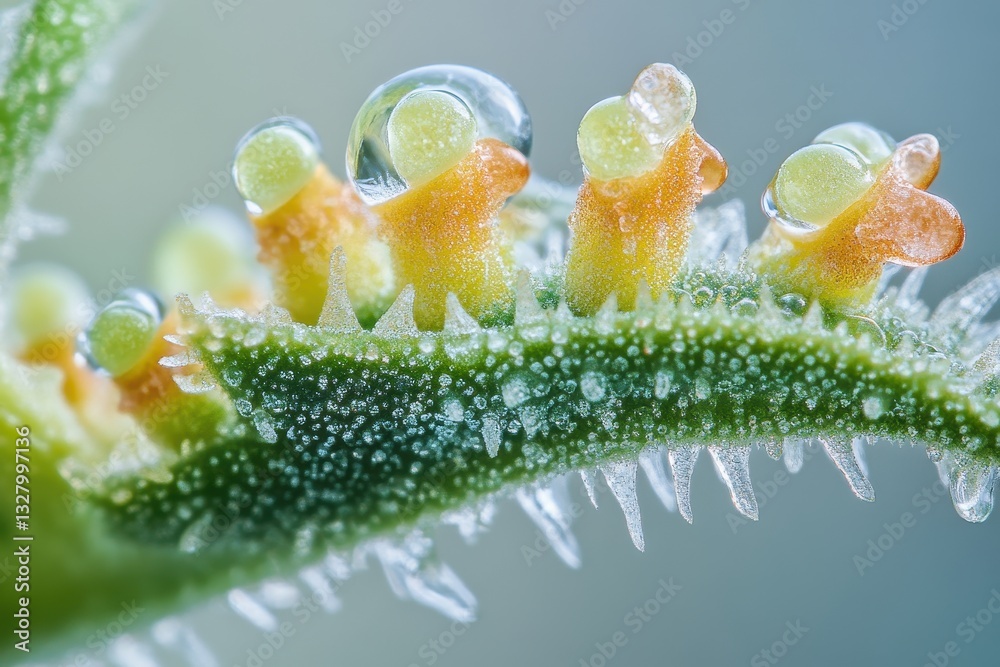 Poster close-up view of water droplets on green plant with fuzz capturing light in a serene natural setting