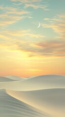 Obraz premium The sky is dark and cloudy, with a crescent moon shining brightly in the middle. The clouds cover the entire sky, creating a moody and mysterious atmosphere. Islamic background, Muslim postcard.