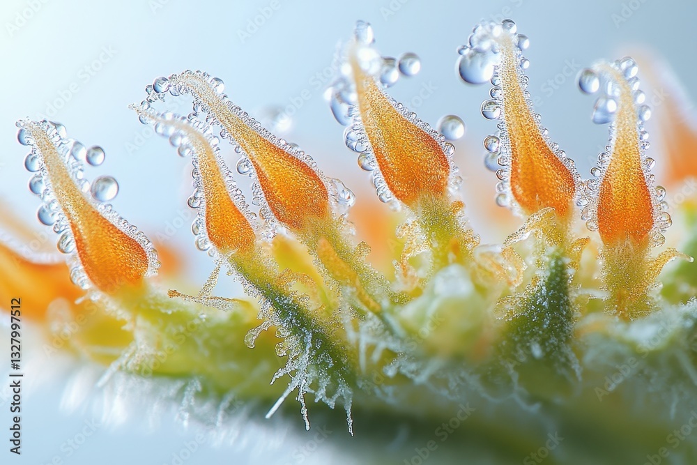 Poster close-up view of water droplets on green plant with fuzz capturing light in a serene natural setting