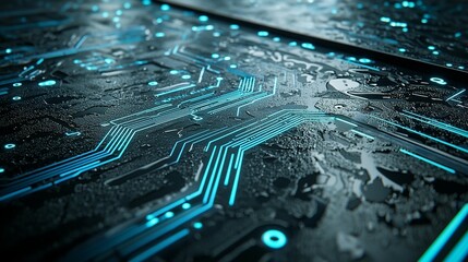 Close-up of a dark, wet circuit board with glowing blue lines.