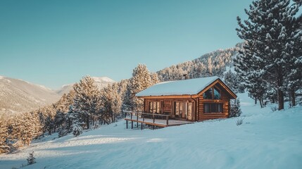Cozy log cabin nestled in a snowy mountain landscape during winter season