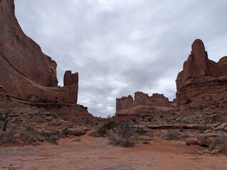 Park Avenue, Arches National Park, on a cloudy day