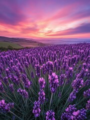 Obraz premium Vibrant Lavender Field Under Colorful Sunset Sky with Dramatic Clouds and Scenic Landscape View in Peaceful Rural Environment