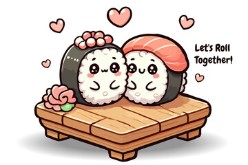 Adorable kawaii sushi couple with happy faces, surrounded by hearts on a wooden sushi board. Perfect for Valentine’s Day cards, stickers, t-shirts, and Japanese food lovers.Romantic Food Illustration.
