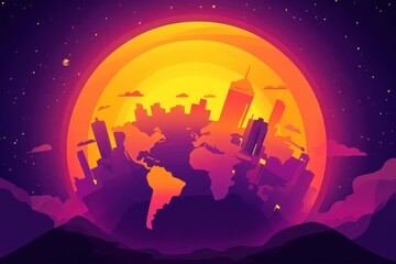 Naklejka premium A stylized illustration of the Earth with a city silhouette
