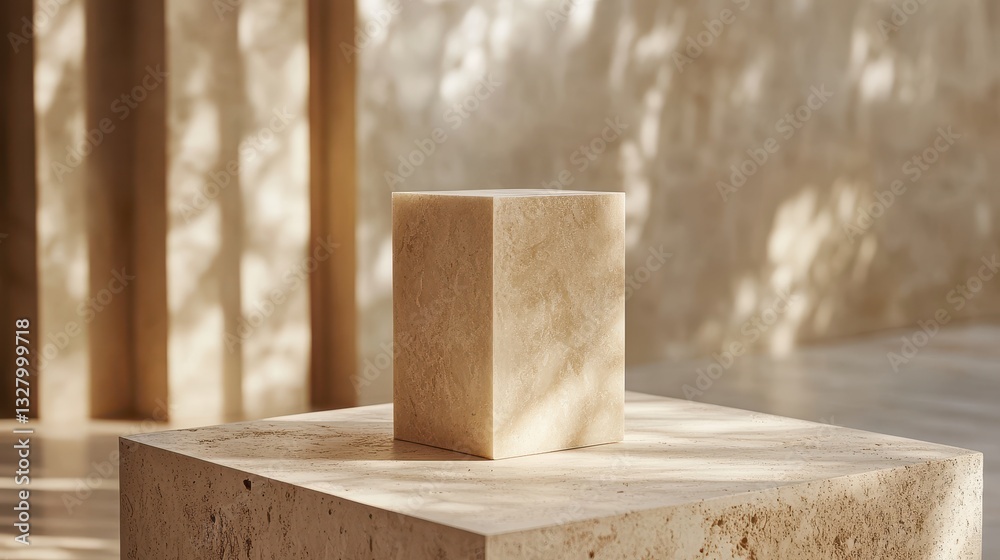 Aufkleber Soft sunlight illuminates a textured cube resting on a stone pedestal in a serene indoor setting surrounded by greenery