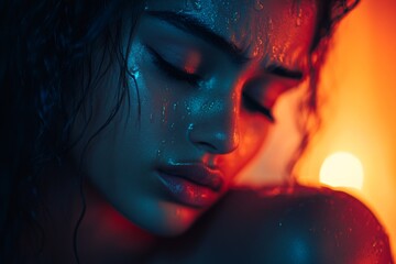 Captivating close-up of a woman with wet skin under dramatic lighting in a warm-toned environment during an artistic photoshoot