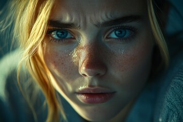 Portrait of a young woman with emotional expression and blue eyes during a close-up moment in soft lighting