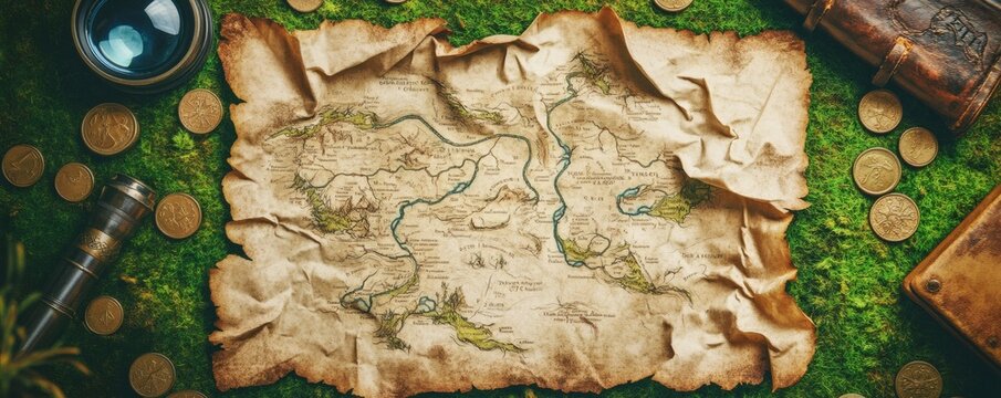 An antique treasure map lies with coins and navigational tools nearby