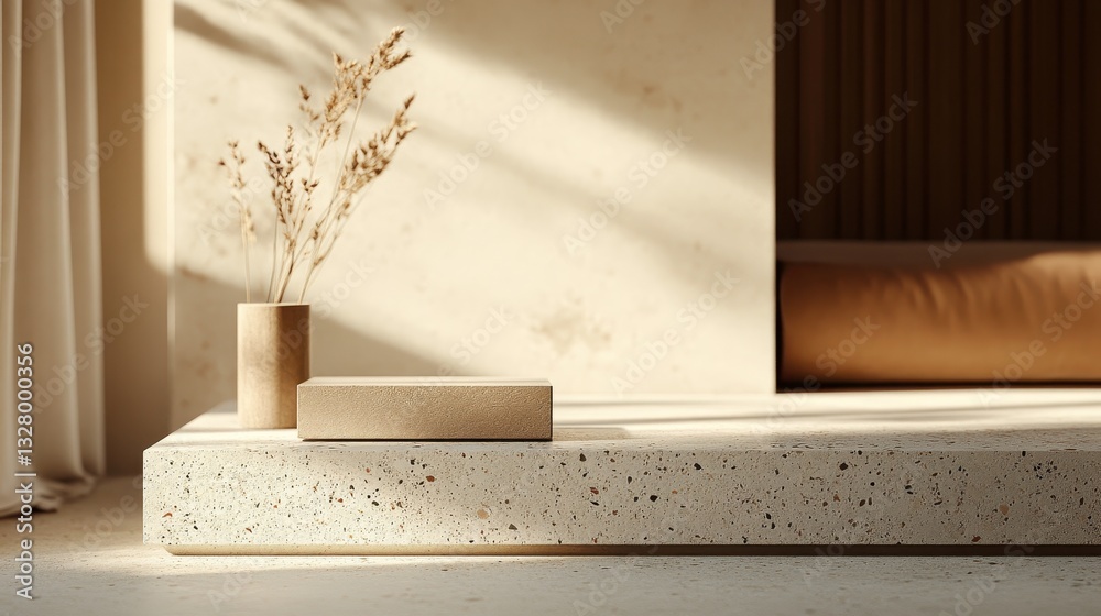 Poster soft sunlight illuminates a textured cube resting on a stone pedestal in a serene indoor setting sur