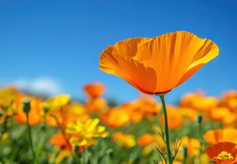 Fototapeta premium Vibrant Orange California Poppy Flowers Swaying in a Gentle Breeze Under Clear Blue Sky during Bright Sunny Day in Nature's Blooming Landscape
