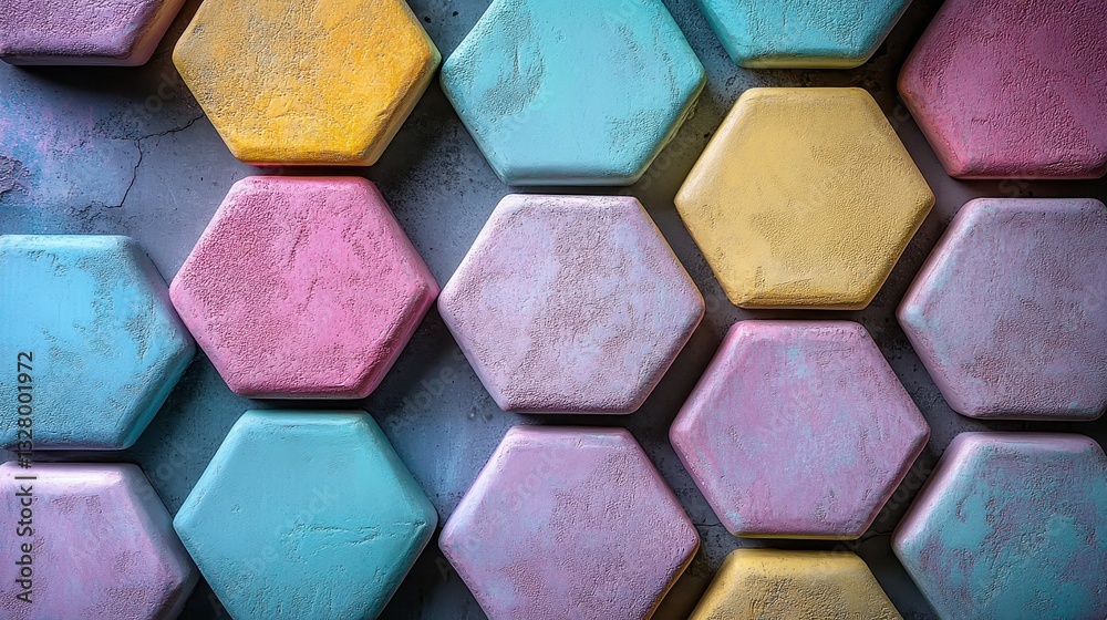 Poster Colorful hexagonal shapes arranged in a vibrant pattern creating an abstract wall decor with a playful design