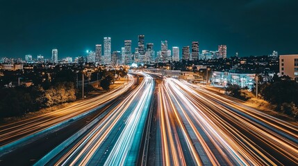 Fototapeta premium Highway Lights Streak Towards Skyline Over Cityscape at Night