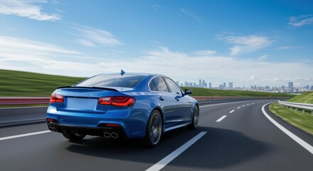 A sleek blue car speeds along a winding road, surrounded by lush green hills and modern buildings, capturing the essence of freedom and automotive adventure.