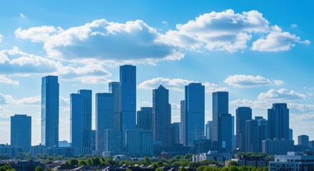 Fototapeta premium A stunning skyline featuring modern skyscrapers under a bright blue sky with fluffy clouds, contrasting beautifully with lush greenery at the base, ideal for real estate and urban planning.