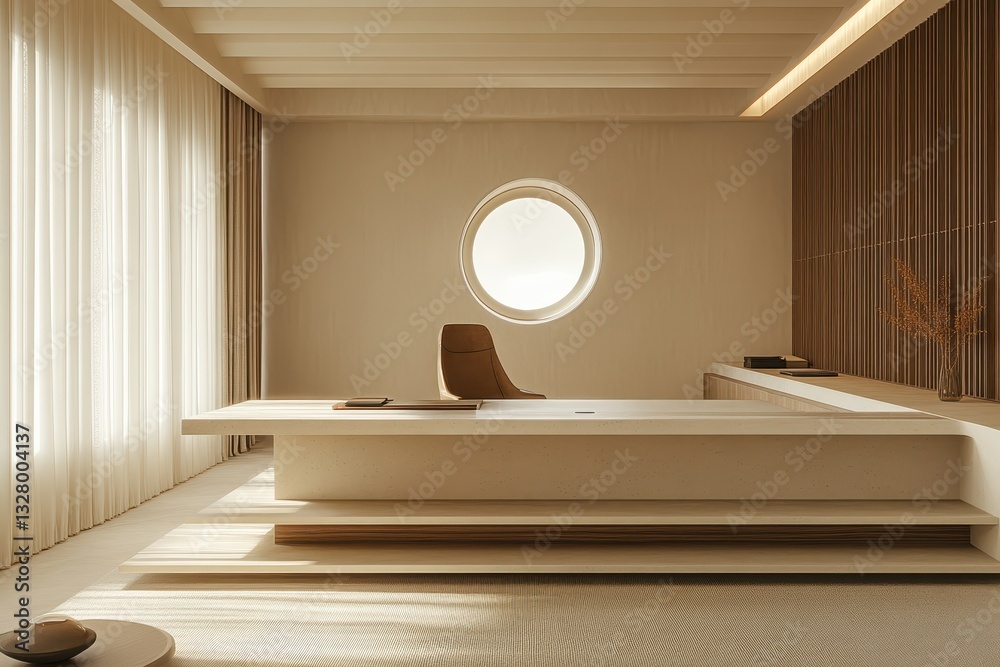Aufkleber modern minimalist office interior design with circular window and natural light, featuring clean lin