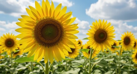 Fototapeta premium A vibrant field of sunflowers stands under a bright blue sky with fluffy clouds. Their yellow petals and intricate centers create a cheerful scene of nature and beauty.