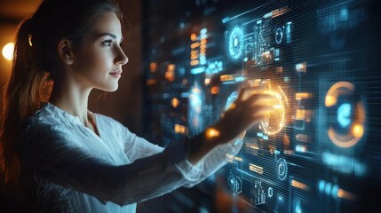 Young Woman Interacting with Futuristic Digital Technology Interface