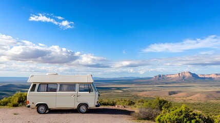A vintage camper van parked at a scenic overlook, with a panoramic mountain range in the background