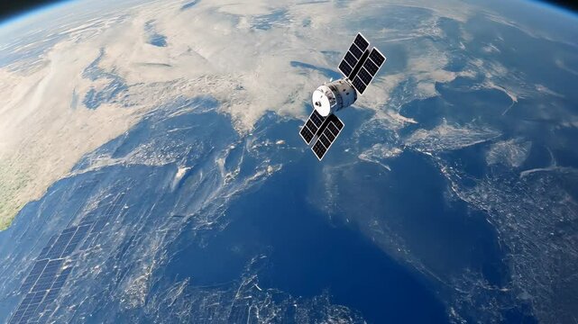 High Resolution Satellite Image of Earth Showing Spacecraft Orbiting Above Blue Atmosphere Capturing Space Exploration and Technology with Stunning Global View from Outer Space