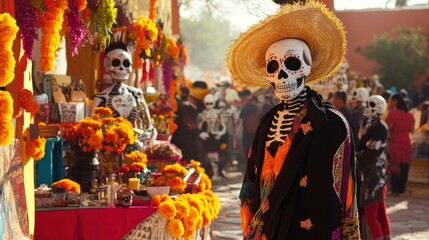 Fototapeta premium Day of the Dead Celebration with Skeleton Figures and Marigolds