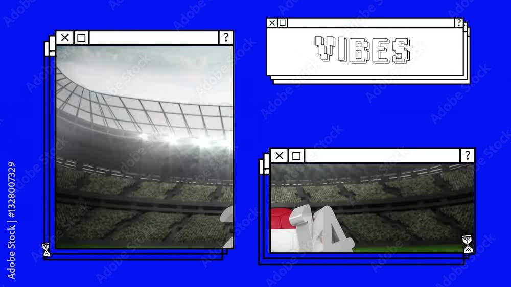 Poster animation of retro computer window style with vibes text in stadium scene