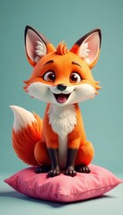 Obraz premium Happy fox sitting on a pink cushion with a big smile and fluffy tail, cartoon, happy