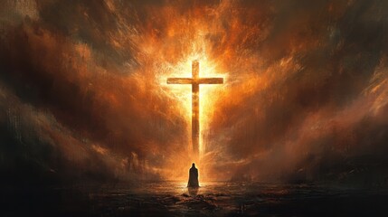 Naklejka premium Figure Underneath a Glowing Cross Silhouette