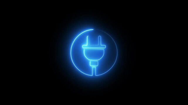 A futuristic neon plug icon glows in vibrant blue and pulses rhythmically as electricity surges through its outline. A glowing plug icon smoothly connects to a socket concept.