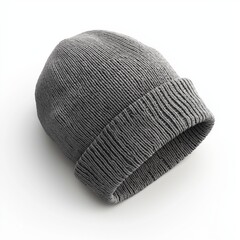 A gray knitted beanie, placed on a pure white background